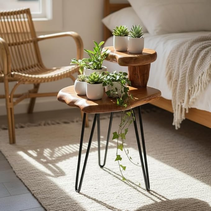 Double-Deck Cedar Solid Wood Coffee Table 16" x 16" x 26" H Natural Shape Accent Vintage Outdoor Side Tables Rustic Plant Stand Couch Live Edge End Tables for Living Room Sofa Patio Bedroom
