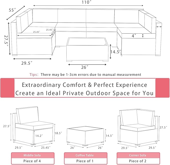 ALAULM 7 Pieces Patio Furniture Set Wicker Patio Conversation Set, Outdoor Sectional Furniture w/Coffee Table & Washable Seat Cushions-Red