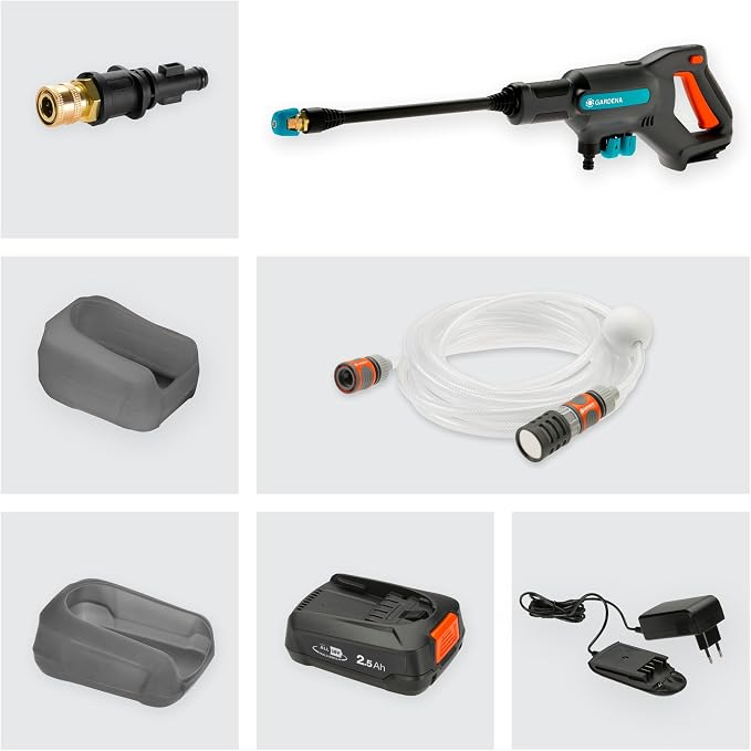 GARDENA Idropulitrice AquaClean 24/18V P4A Set pronto all’uso: idropulitrice a batteria per esterno, 3 livelli di pulizia, pressione max. 24 bar, incl. batteria + caricabatterie (14800-20)