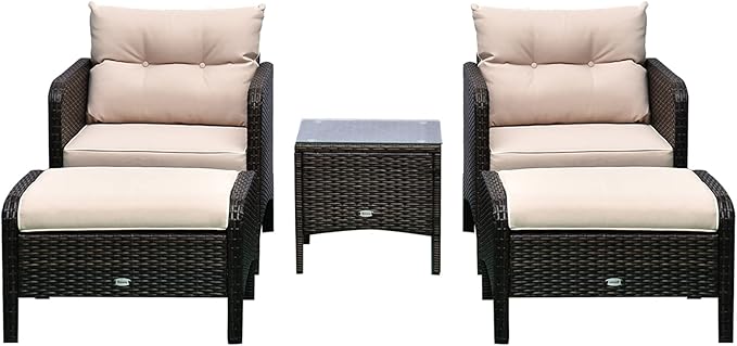 Outsunny 5 Pieces Rattan Wicker Lounge Chair Outdoor Patio Conversation Set with 2 Cushioned Chairs, 2 Ottomans and Tempered Glass Top Coffee Table, Brown/Beige