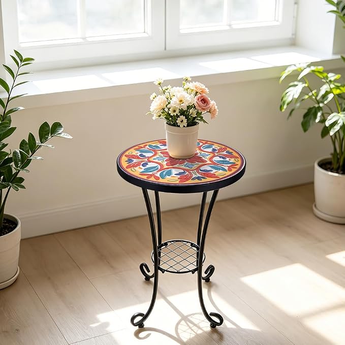 14 Inch Mosaic Patio Side Table with Scroll Legs, Indoor Outdoor Accent Round End Table with Ceramic Tile Tops for Yard, Garden, Living Room, Bistro, B - Mediterranean Floral Pattern