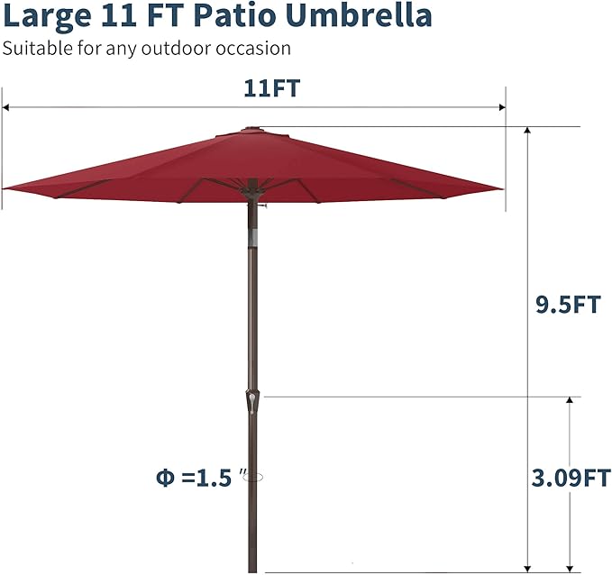 PatioKingdom 11FT Patio Umbrella,Outdoor Umbrella with Push Button Tilt and Crank,Market Table Umbrella with 8 Sturdy Fiberglass Ribs UV Protection
