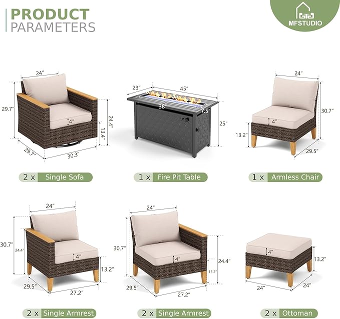 MFSTUDIO 9 Piece Wicker Patio Furniture Set with Fire Pit Table, 2 x Swivel Chair, 2 x Ottoman, Loveseat Sofa, 3-Seat Sofa, Outdoor Rattan Patio Conversation Set for Garden, Backyard(Beige Cushions)