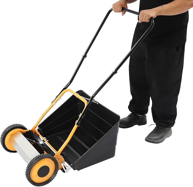 Reel Lawn Mower, 2-in-1 14-Inch 5-Blade Push Lawn Mower w/Grass Collecting Box, 0.47-1.65 inches Adjustable Cutting Height Manual Lawn Mower (14 Inch)