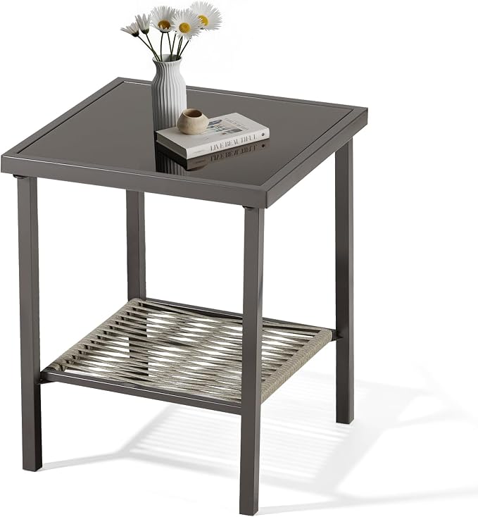 Patio Tables Wicker Side Table, Outdoor End Table with Storage Shelf, Patio Furniture Side Table for Sofa, Swivel Chairs, Garden, Balcony - Square