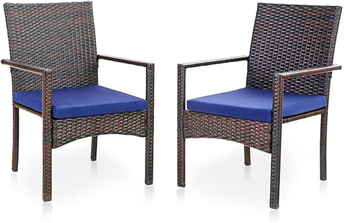 PHI VILLA Wicker Patio Dining Chairs Set of 2 with Removable Cushions | 2 Rattan dining chairs with thick removable seat cushions. Sturdy steel frame, easy assembly.