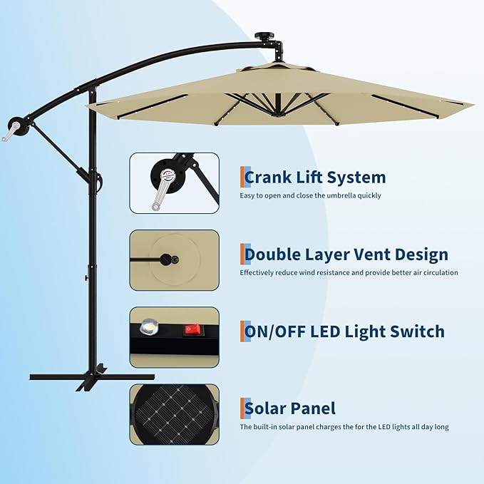 Garvee 10FT Solar Lights Offset Patio Umbrella with Cross Base, Cantilever Umbrella with Easy Lift & Tilt Adjustment, 8 Ribs Sun umbrella UV Protection for Backyard, Pool, Garden, Beige
