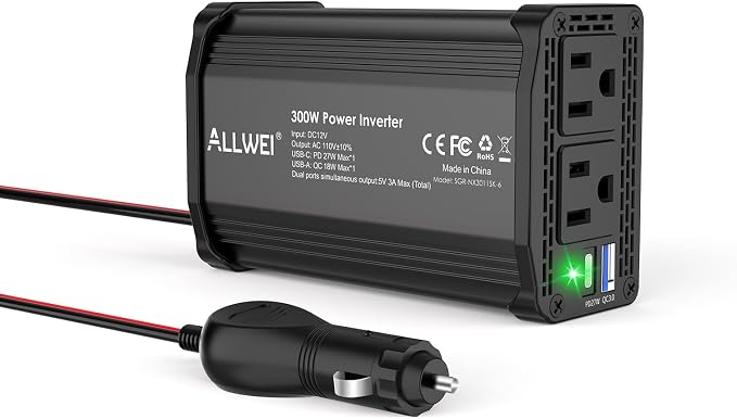 ALLWEI 300W Power Inverter 12V DC to 110V AC Car Plug Adapter Outlet Converter with 27W PD USB-C &18W USB-A Fast Charger, Car Cigarette Lighter Adapter for Phone, Laptop on Road Trip-Black
