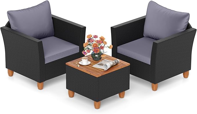 HAPPYGRILL 3 Pieces Patio Furniture Set PE Rattan Wicker Sofa Set with Storage Coffee Table, Cushions, Acacia Wood Outdoor Conversation Set for Balcony Backyard Porch Garden