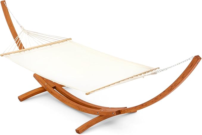 ECOTOUGE 14FT Wooden Double Hammock with Stand 2 Person Heavy Duty, Easy Assemble, Weatherproof Premium Quilted Camping Hammock for Outdoor, Patio(White)