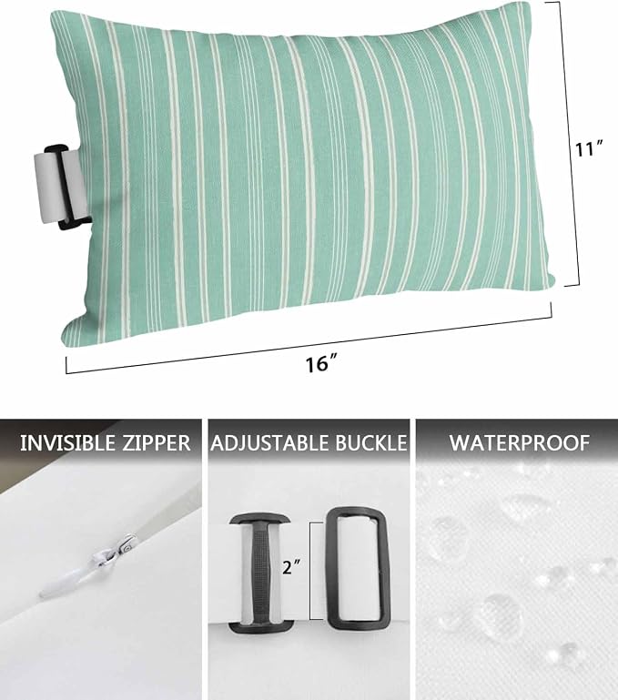 Pack of 4 Outdoor Lumbar Pillow Covers 11x16 Inch, Teal Green Striped Waterproof Throw Pillow Covers Set, Modern Farmhouse Art Stripes Indoor&Outdoor Decorative Cushion Cases for Patio Porch Car