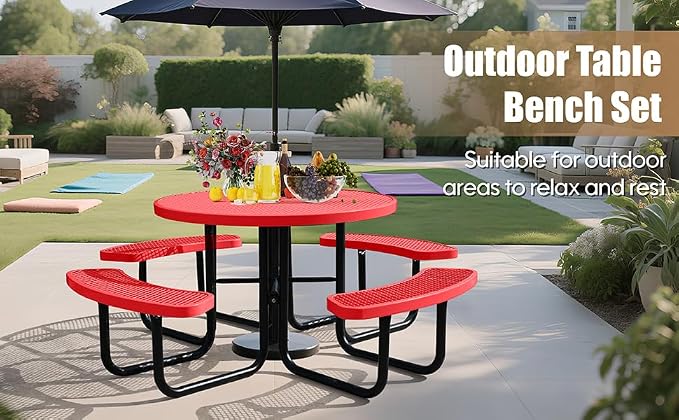 46 Inch Round Outdoor Metal Picnic Table, All-Weather Patio Dining Set for 6-8 Adults, Heavy Duty Steel with Central Umbrella Hole, Perfect for Garden, Backyard, Deck & Small Spaces - Easy Assembly