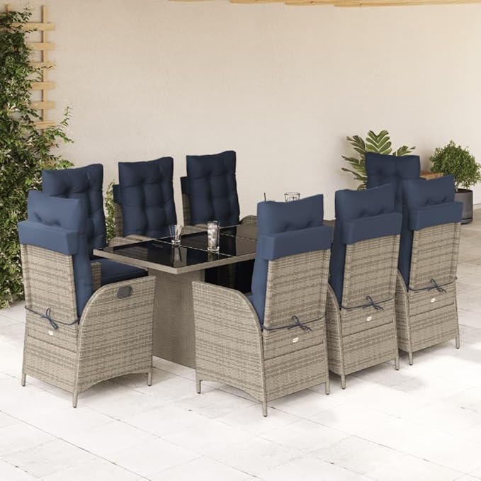 Backyard Furniture Patio Conversation Sets Outdoor Seating 9 Piece Patio Dining Set with Cushions Gray Poly Rattan Suitable for Gardens, Balconies, Decks