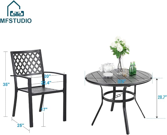 MFSTUDIO Outdoor Dining Set for 4, Round Patio Table and Chairs Set, Metal Patio Furniture Set for Deck, Backyard, Poolside & Garden