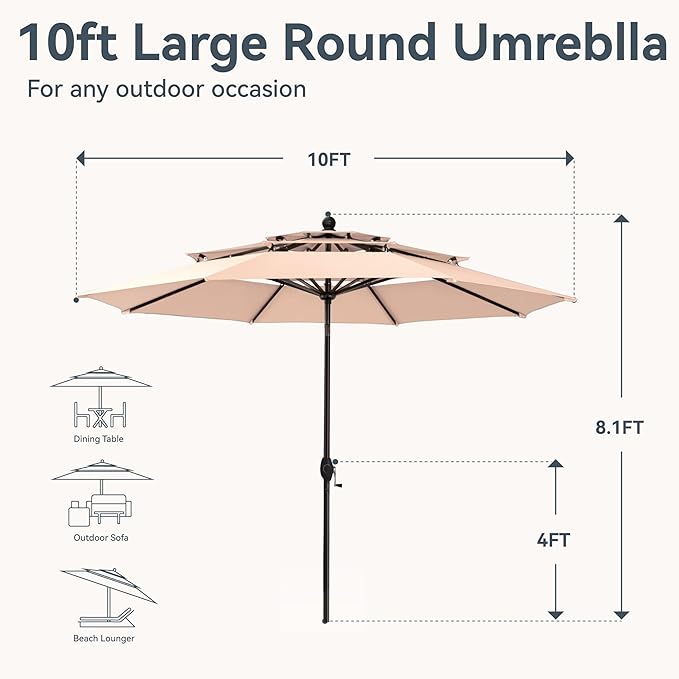GREEN PARTY 10ft Outdoor Patio Umbrella, [Auto-Tilting] 3 Tiers Market Table Umbrellas with 1.5" Pole, 8 Sturdy Ribs, 3-Year-Non-Fading for Garden Deck Pool Backyard, Beige