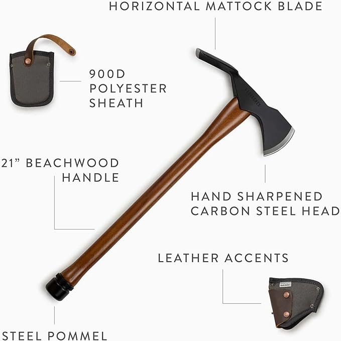 Barebones Pulaski Axe - 1055 High Carbon Steel Splitting Axe Blade - Wood Splitter with Canvas Sheath - Chopping Axe for Rooting and Trenching
