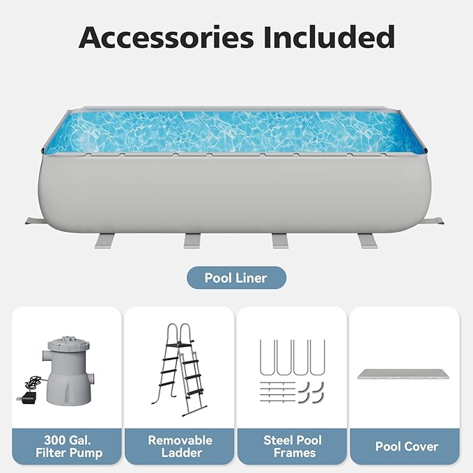 18' x 9' x 47" Rectangular Above Ground Pool Set with Removable Ladder and Filter Pump, Large Swimming Pool for Backyard, Gray