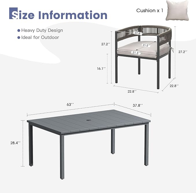 VICLLAX Patio Dining Set, 63" Dark Grey Table & 6 Chairs with Wheat Cushion | Outdoor Table and Chairs Set of Rectangular Metal Patio Table, Outdoor Dining Chairs with Metal Frame, Garden Deck Porch