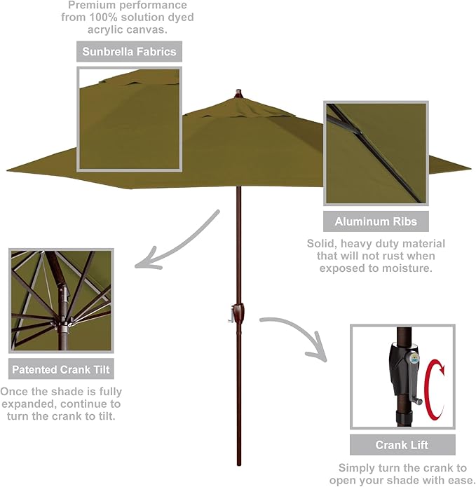California Umbrella 12-Year Protection 9-Ft Outdoor Patio Umbrella, Sunbrella Fade-Resistant Acrylic Fabric, Auto Tilt and Crank, Heavy-Duty Aluminum Frame/ Reinforced Ribs, Bronze Pole, Spectrum Cilantro