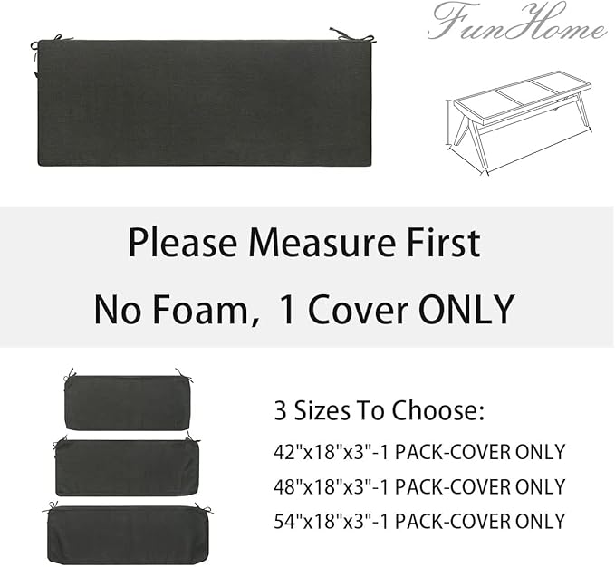 FUNHOME Outdoor Bench Cushion Cover 42 x18 x 3 inch,Water Resistant Cover with Zipper&Ties,Fade-Resistant Slipcover,Patio Porch Swing Cushion Cover Replacement Only,No Insert(Light Charcoal)