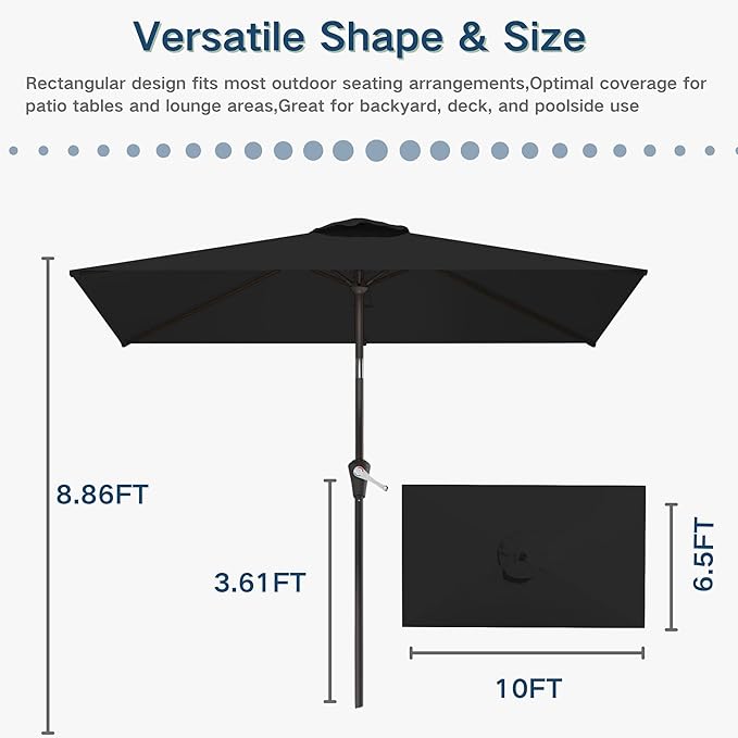6.5'x10' Rectangular Patio Outdoor Umbrella,Large Coverage with Push-Button Tilt & UV Protection,Sturdy Ribs for Deck,Lawn,Pool,Backyard