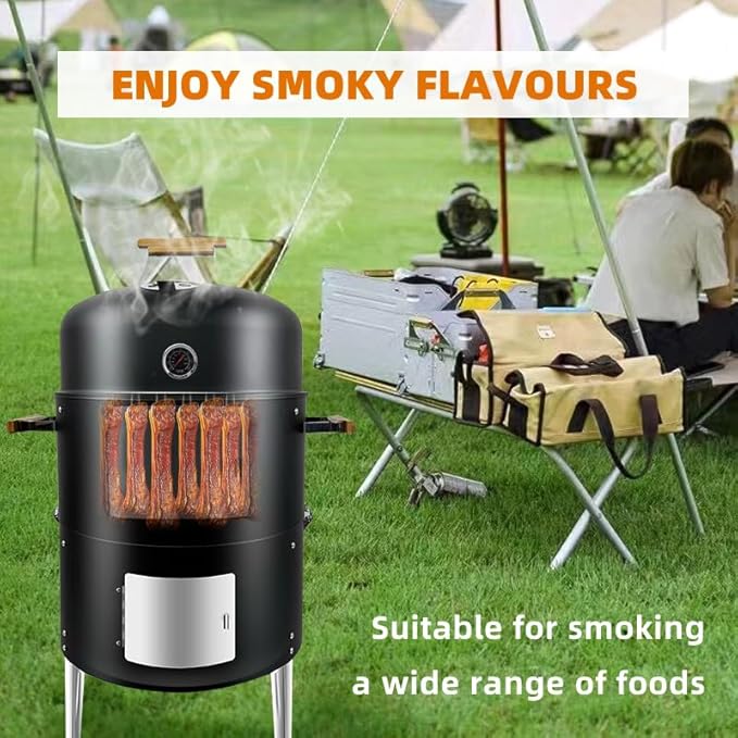 17.5" Heavy duty smoker grill & BBQ cover Rack with 4 hooks wooden handles single door design Large capacity charcoal smoke BBQ XL for parties in backyard