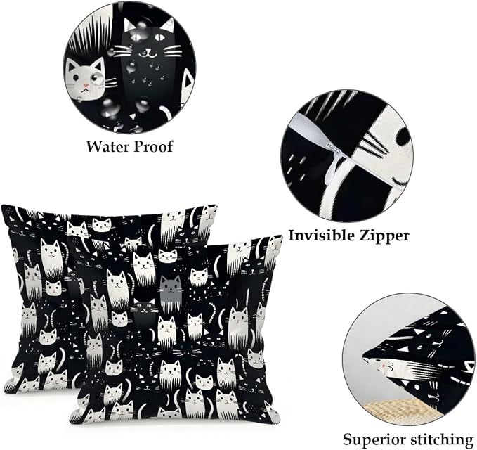 16x16 Inch Outdoor Pillow Covers Set of 2 Waterproof Throw Pillow Covers Decorative Couch Cushion Covers Cats Black White Square Pillowcases Protectors for Patio Garden Sofa