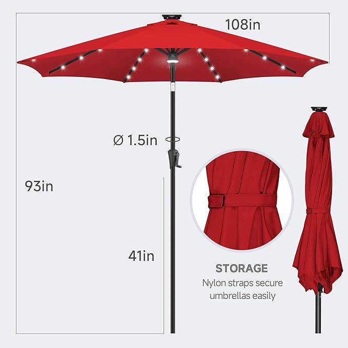 FLAME&SHADE 9 FT outdoor umbrella with 40LED lights, solar light patio umbrella with Centre Surround Light, Table Market Umbrella Outdoor Patiofor Deck, Pool, Backyard, Garden (Red)