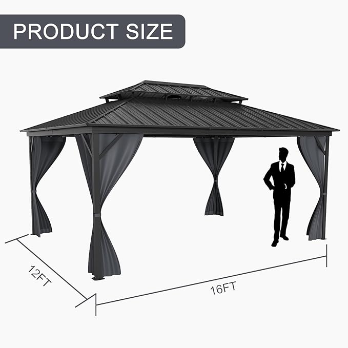 12' x 16' Hardtop Gazebo with Galvanized Steel Double Roof, Heavy Duty Outdoor Gazebo with Netting & Curtains for Patio, Backyard, Deck & Lawn