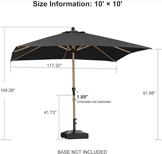 PURPLE LEAF 10' x 10' Square Patio Umbrella Outdoor Table Umbrella Aluminum Market Umbrella with 8 Sturdy Ribs & Crank Outdoor Umbrellas for Garden Deck Patio, Black