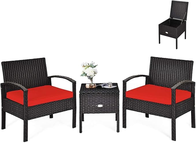 HAPPYGRILL 3 Piece Patio Conversation Set Rattan Wicker Sofa Set with Removable Cushions and Coffee Table, Outdoor Furniture Bistro Chairs Set with Storage Table for Garden Poolside Balcony