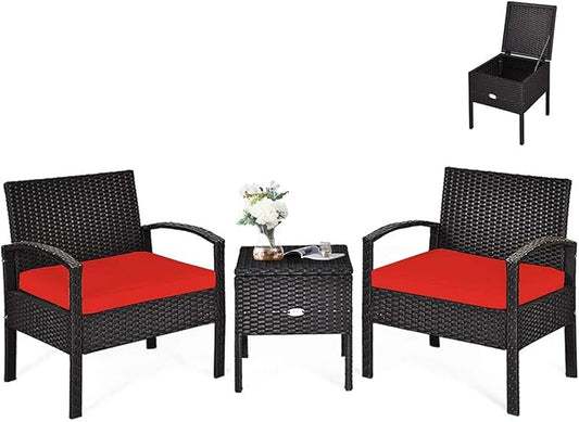 HAPPYGRILL 3 Piece Patio Conversation Set Rattan Wicker Sofa Set with Removable Cushions and Coffee Table, Outdoor Furniture Bistro Chairs Set with Storage Table for Garden Poolside Balcony