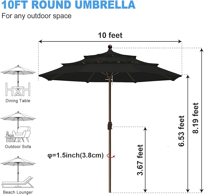 Eurmax USA 10-Year-Non-Fading 10FT 3-Tier Outdoor Patio Market Umbrella,UPF50+ UV Resistant,Heavy Duty Commercial Grade,Crank Lift Design,Windproof Vented Top for Garden,Pool,Deck,Black