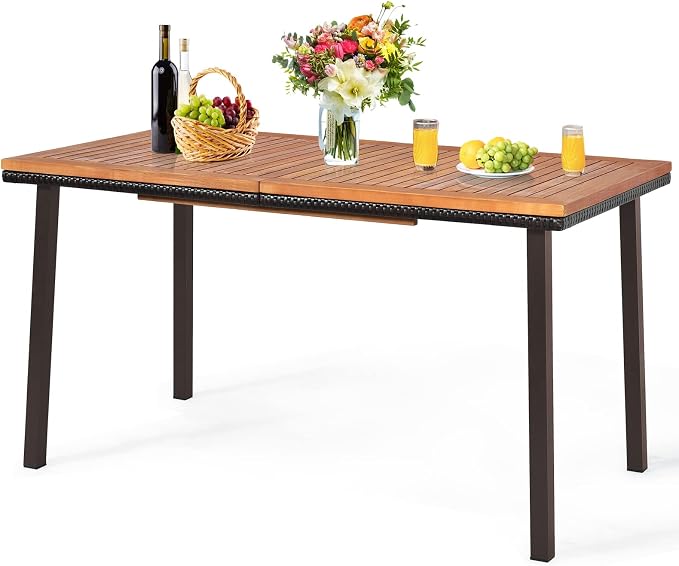 RELAX4LIFE Outdoor Dining Table for 6-8, Acacia Wood Slatted Patio Table w/Umbrella Hole, Wicker Edging, Rust-Proof Steel Legs, Rectangle Outdoor Patio Table for Deck Backyard Pool Side Relaxation