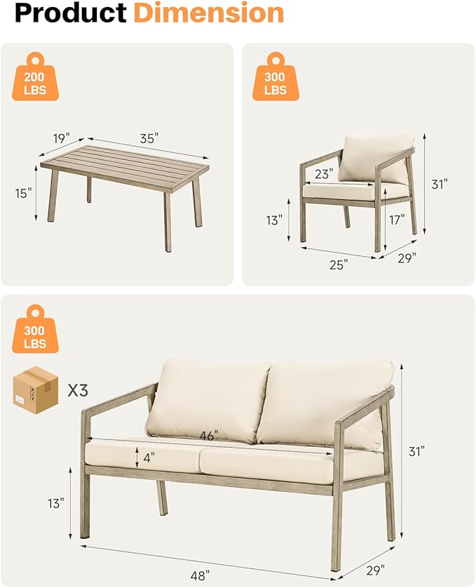 4-Piece Outdoor Sofa Set, Never-Rust Aluminum Patio Conversation Set with Thick Cushions, Outdoor Loveseat, 2 Patio Armchairs and Coffee Table for Outside, Poolside, Deck, Gray Oak