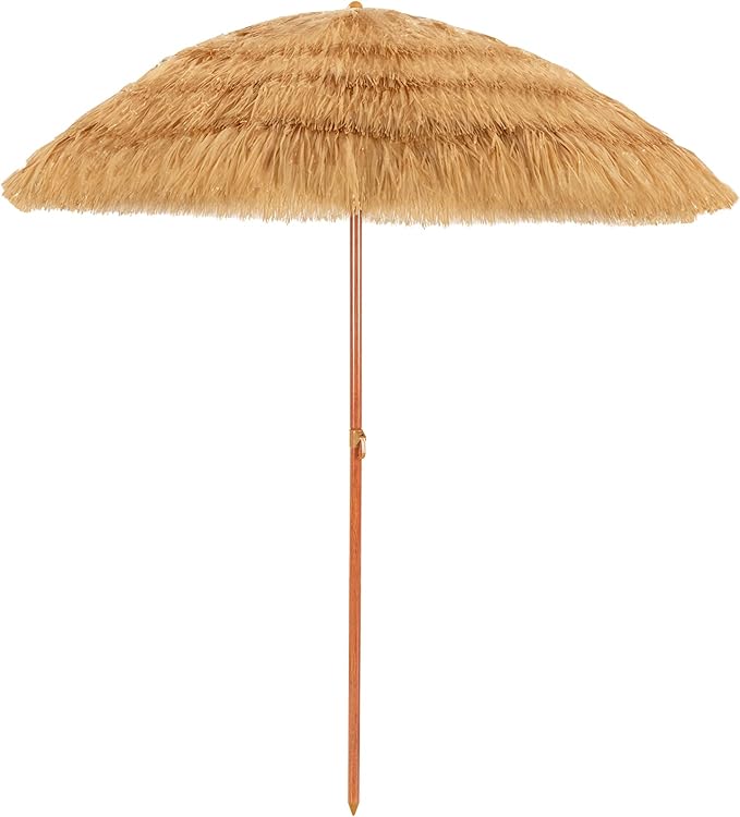 Tangkula 6.5Ft Tiki Patio Umbrella, Hawaiian Style Outdoor PE Grass Umbrella with Tilt Adjustment, 8 Ribs, Portable Thatched Beach Umbrella for Garden, Yard, Poolside