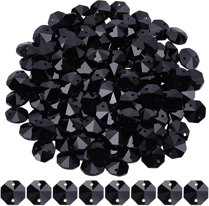120Pcs Black 14mm Octagonal Crystal Beads 2 Holes Prism Beads Bulk Faceted Chandelier Parts Replacement Hanging Pendants Connector Suncatcher Spacers for DIY Lamp Hanging Ornament Jewelry