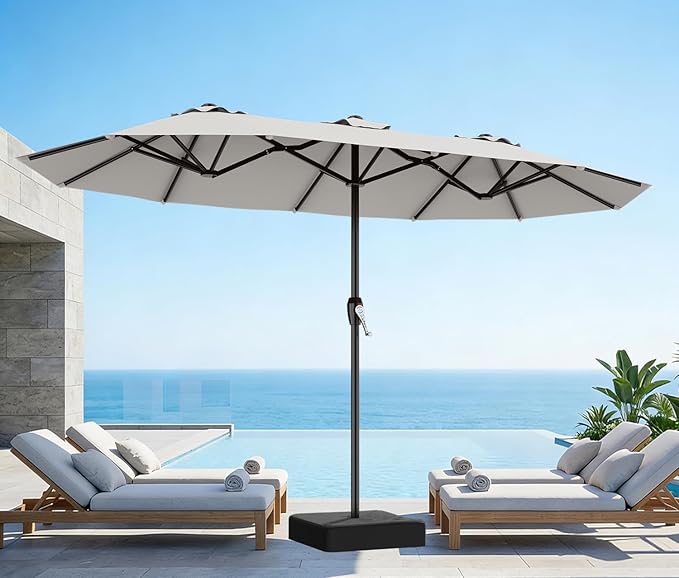 AreShark 15ft Patio Umbrella with Base, Double Sided Outdoor Umbrella with 12 Fiberglass Ribs, Large Outdoor Umbrella for Garden, Pool, Deck, Backyard & Market, Light Grey