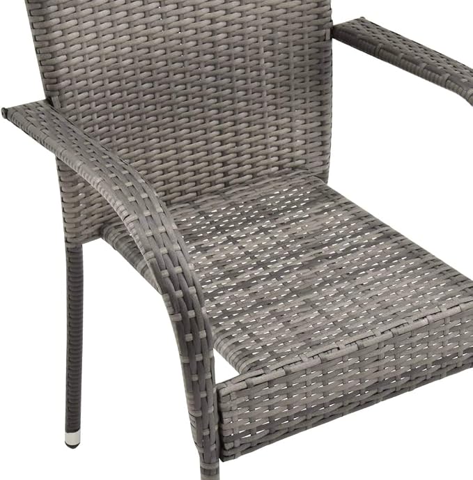 7 Piece Patio Dining Set Gray Poly Rattan Outdoor Furniture with Tempered Glass Table and 6 Stackable Chairs for Garden Backyard Deck