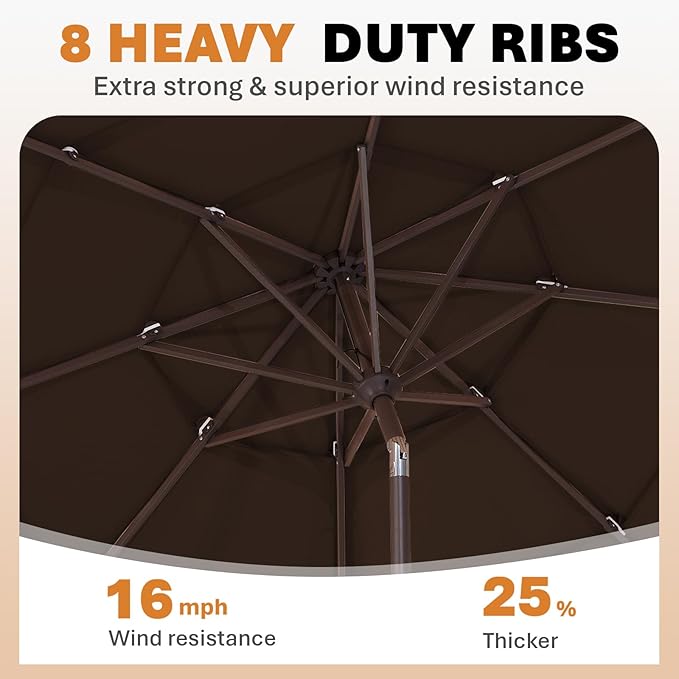 JEAREY 9FT 3 Tier Patio Umbrella Outdoor Market Umbrella Table Umbrellas with 8 Ribs 1.5 Pole Push Button Tilt and Crank UV Protection for Garden,Brown