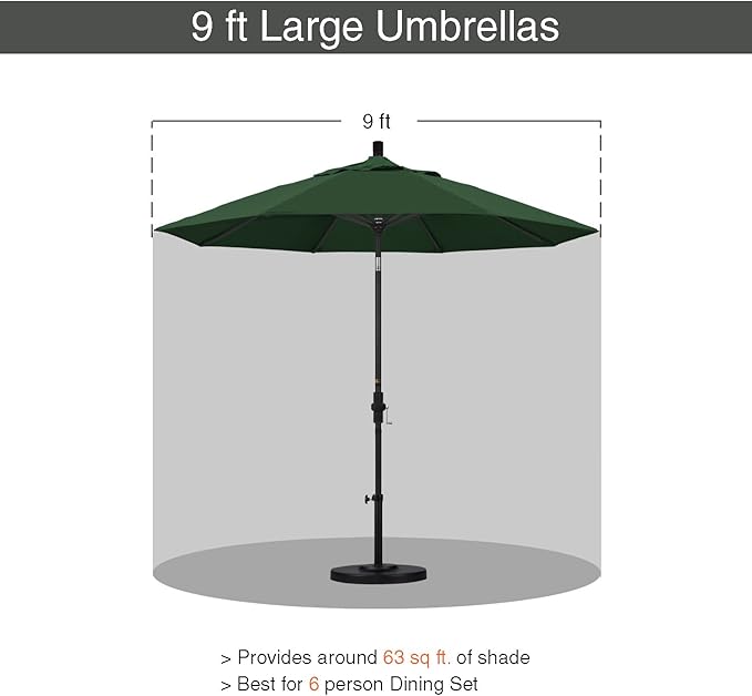 California Umbrella 9' Round Aluminum Pole Fiberglass Rib Market Umbrella, Crank Lift, Collar Tilt, White Pole, Hunter Green Olefin