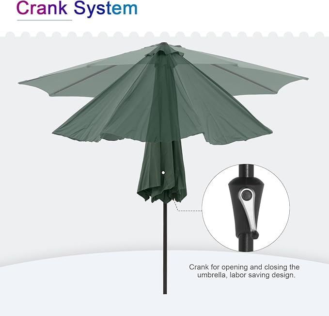 COBANA Patio Umbrella, Outdoor Table Umbrella of 9-Feet with 8 Ribs and Push Button Tilt and Crank, Dark Green