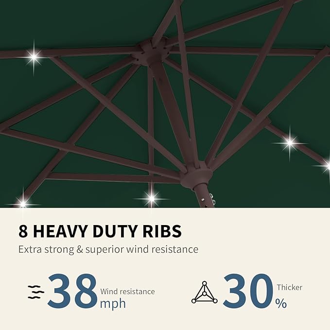 9FT Patio Umbrella with Solar Lights,Outdoor Market Umbrella with Tilt and Crank, LED Lighted Table Umbrella for Garden,Deck,Backyard,Pool,Beach (Dark Green)