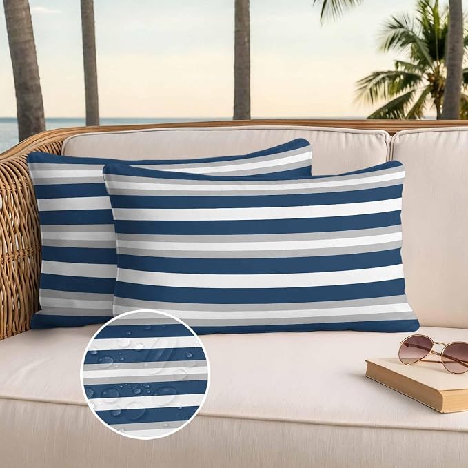 Lumbar Pillow Covers 20x12 Inch Set of 2, Navy Blue Grey Stripe Waterproof Outdoor Pillow Covers, Minimalist Farmhouse Striped Decorative Cushion Pillowcases for Couch, Sofa, Bed, Garden, Patio