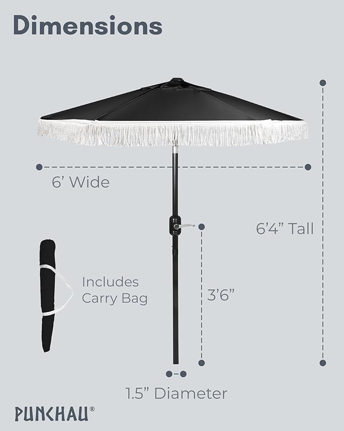 6 Ft Fringe Patio Umbrella - Outdoor Umbrella for Patio, Pool, Table, Garden, & Deck, Push Button Tilt Pole - Fashionable Vintage Tassels - White