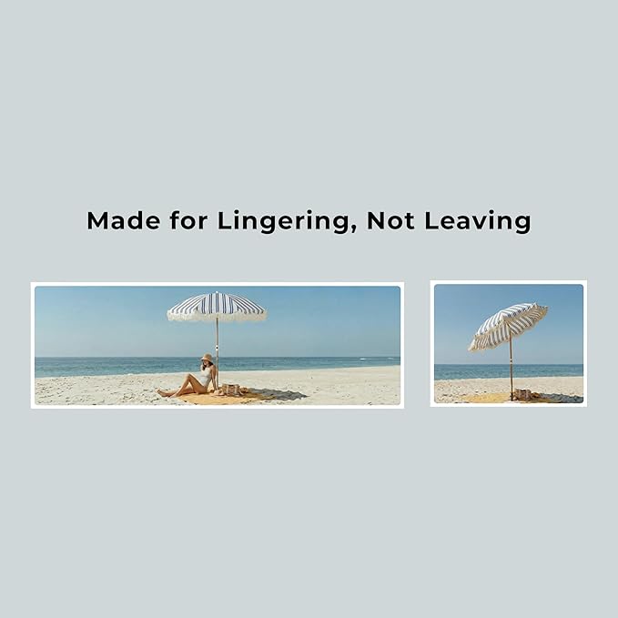 6FT Stripe Fringe Beach Umbrella for Sand with Sand Anchor, UPF 50+ Sun Shade with Tassels, Adjustable Tilt Pole, Portable Coastal Umbrella for Beach & Pool, Heritage Ocean Blue Stripe