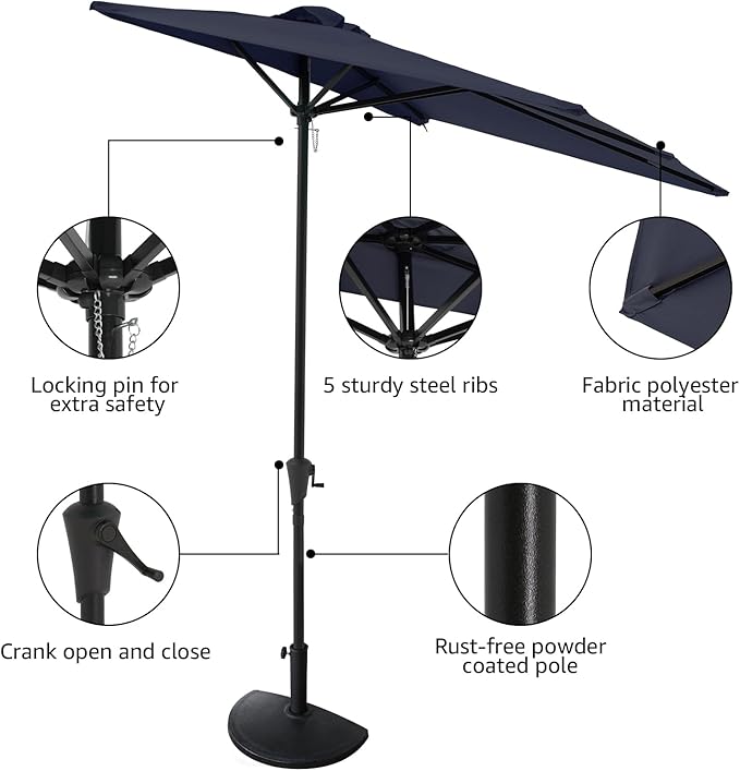 COBANA 7.5’by 4’Half Rectangular Outdoor Patio Umbrella for Patio, Balcony, Garden, Deck, Dark Blue