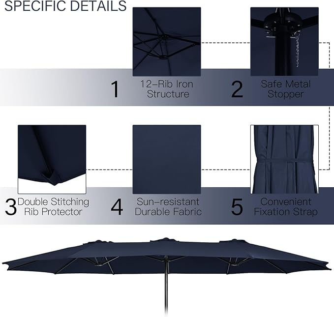 Tangkula 15FT Double-Sided Patio Umbrella with Base, Extra-Large Market Umbrella W/Crank System, Outdoor Twin Umbrella W/ 12-Rib Metal Structure & Air Vents for Garden, Backyard, Poolside (Navy)