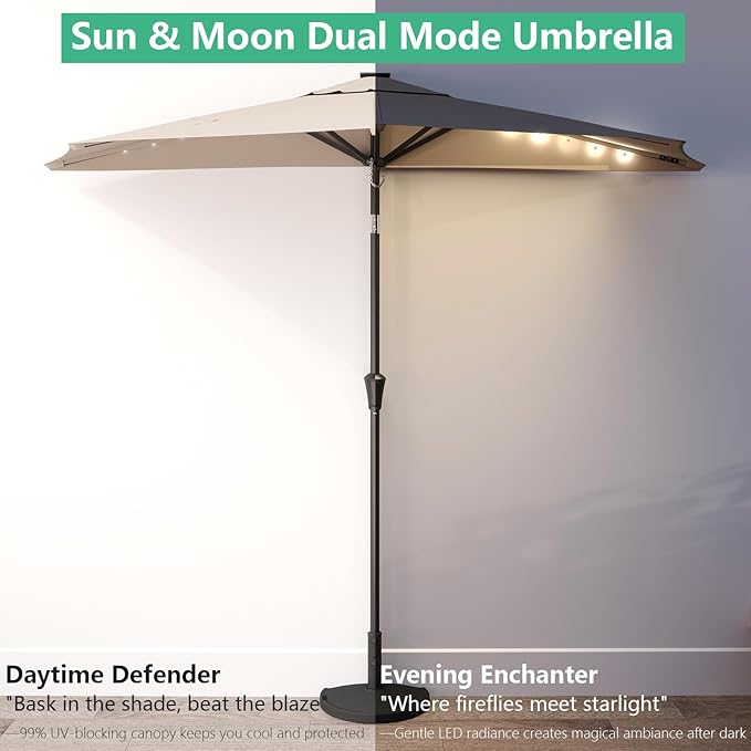 Helios&Hestia 9 ft Small Half Round Solar Powered Wall Outdoor Market Patio Umbrella with LED Lights and Tilt for Garden, Deck, Balcony