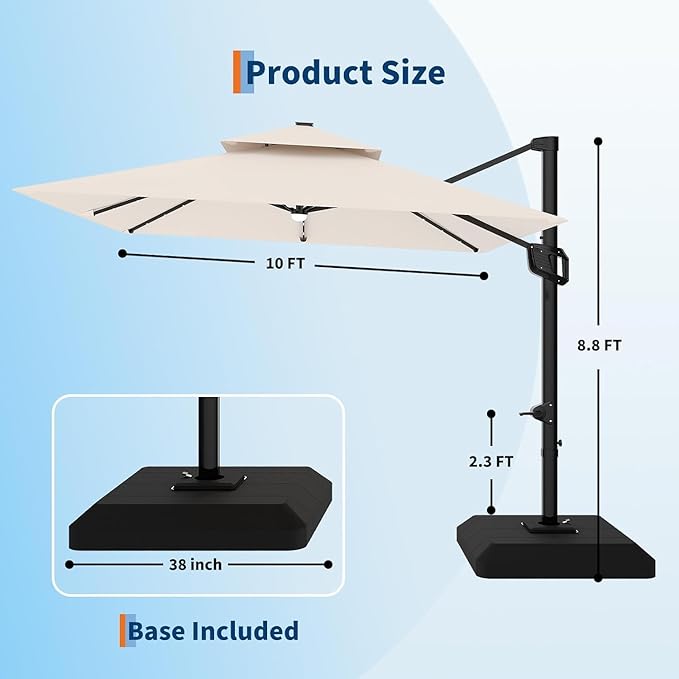 10x10 ft Double Roof Square Cantilever Patio Umbrella with Solar LED Lights & Cross Base – 360° Rotation, Heavy-Duty Sun Shade with Easy Tilt for Backyard, Poolside, and Garden Use, Navy Blue